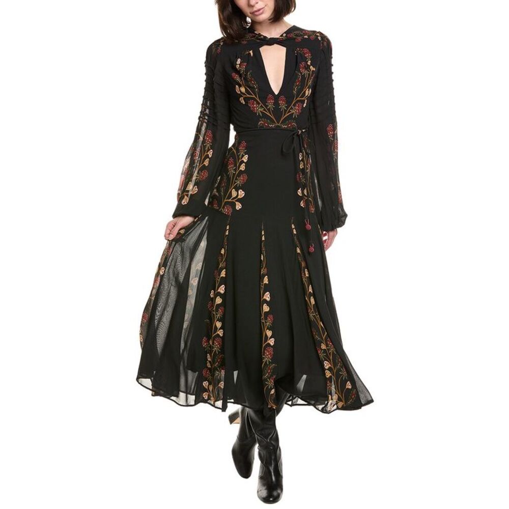 Farm Rio Womens  Berry Garden Black Long Sleeve Pleated Maxi Dress
